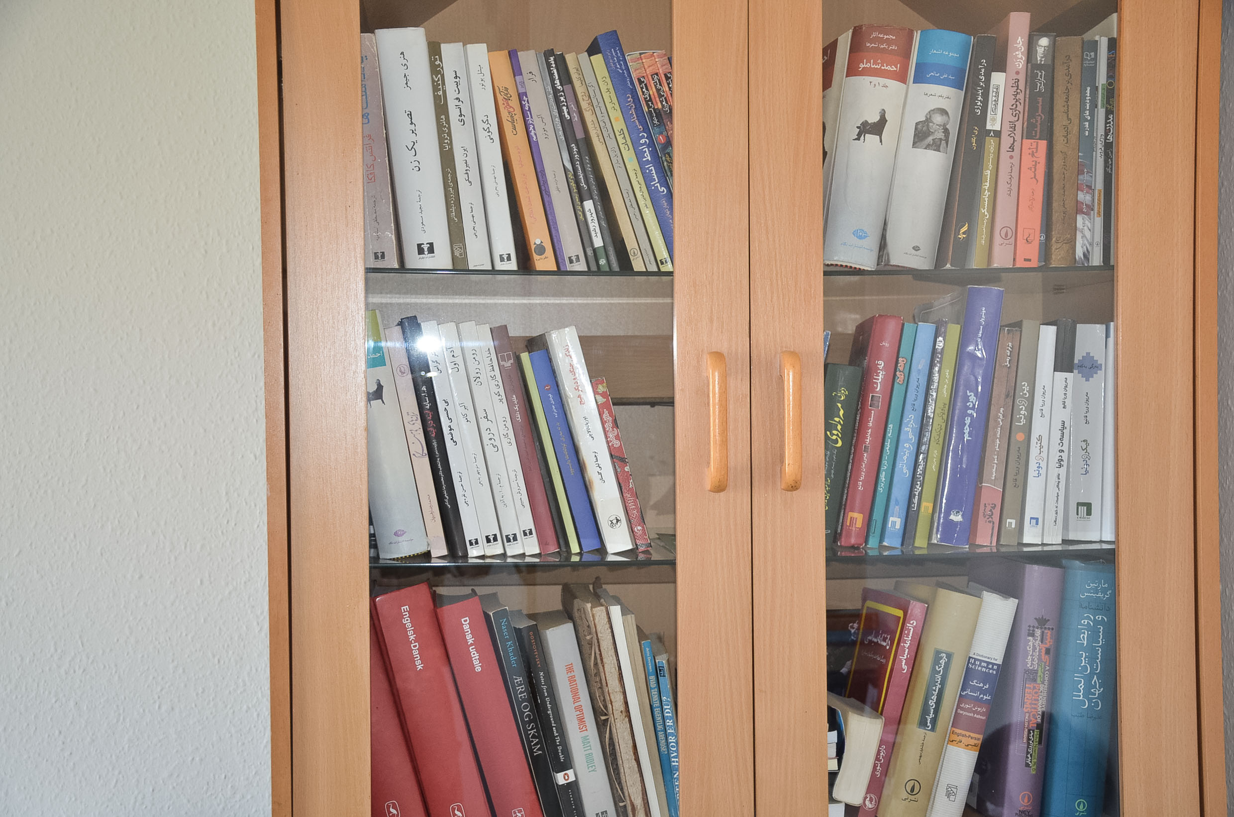 A bookshelf made of wood and glass filled with books