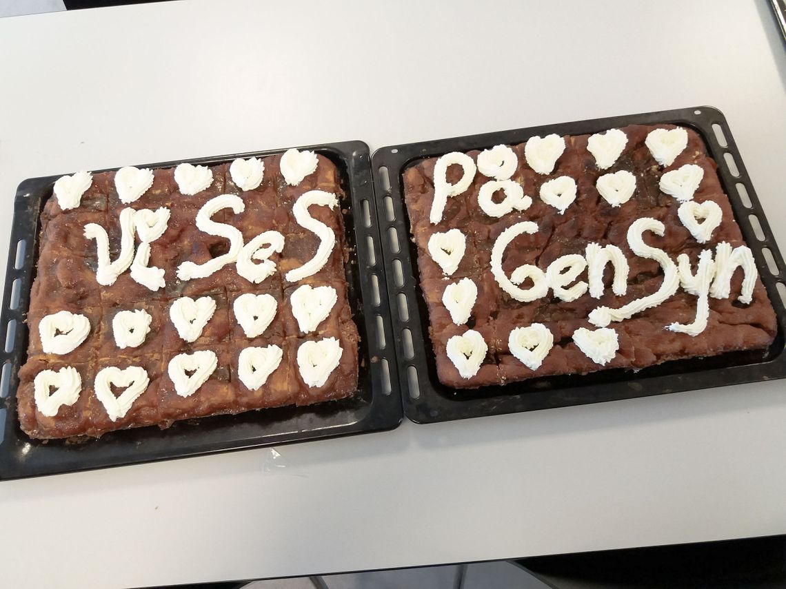 Two brown cakes with hearts and writing made in wipped cream saying "Vi ses" and "På gensyn"